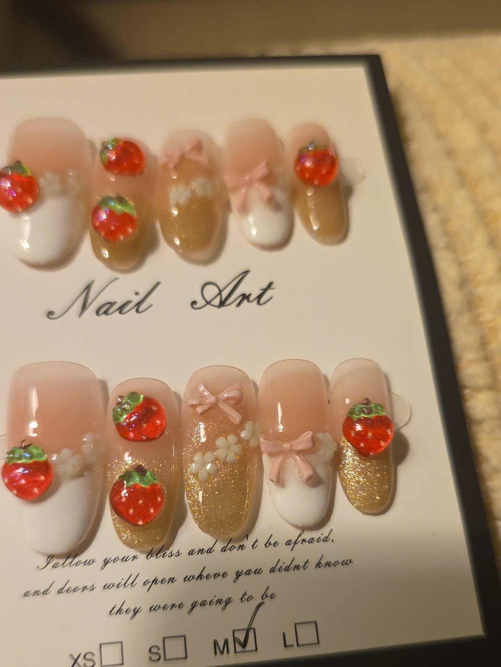 False Nail Set with Red Strawberry Accents - Size Med